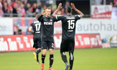 HEIDENHEIM, GERMANY - APRIL 07: Dominick Drexler of FC Koln celebrates after scoring his team's first goal with Jhon Cordoba of FC Koln during the Second Bundesliga match between 1. FC Heidenheim 1846 and 1. FC Koeln at Voith-Arena on April 07, 2019 in Heidenheim, Germany. (Photo by Alexander Hassenstein/Bongarts/Getty Images)