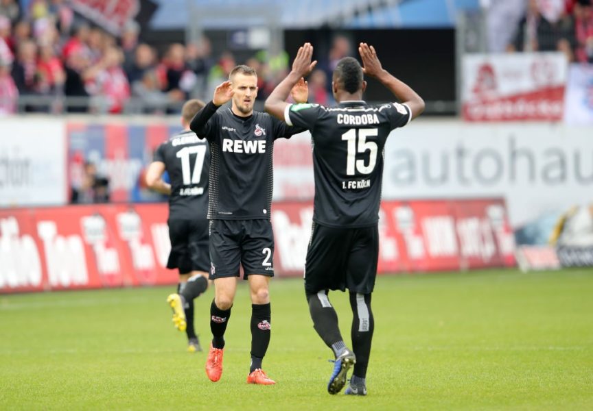 HEIDENHEIM, GERMANY - APRIL 07: Dominick Drexler of FC Koln celebrates after scoring his team's first goal with Jhon Cordoba of FC Koln during the Second Bundesliga match between 1. FC Heidenheim 1846 and 1. FC Koeln at Voith-Arena on April 07, 2019 in Heidenheim, Germany. (Photo by Alexander Hassenstein/Bongarts/Getty Images)