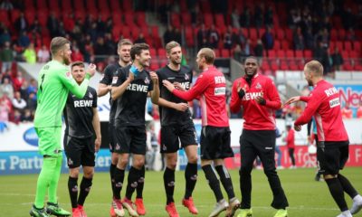 HEIDENHEIM, GERMANY - APRIL 07: Players of FC Koeln celebrates following their side's victory in the Second Bundesliga match between 1. FC Heidenheim 1846 and 1. FC Koeln at Voith-Arena on April 07, 2019 in Heidenheim, Germany. (Photo by Alexander Hassenstein/Bongarts/Getty Images)