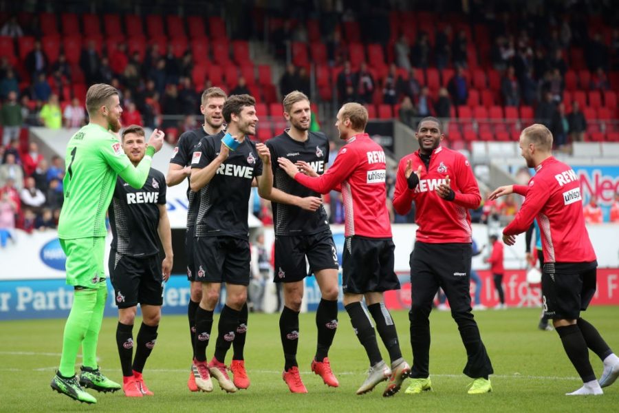 HEIDENHEIM, GERMANY - APRIL 07: Players of FC Koeln celebrates following their side's victory in the Second Bundesliga match between 1. FC Heidenheim 1846 and 1. FC Koeln at Voith-Arena on April 07, 2019 in Heidenheim, Germany. (Photo by Alexander Hassenstein/Bongarts/Getty Images)