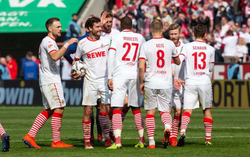 COLOGNE, GERMANY - MARCH 31: Players of Cologne celebrate after the Second Bundesliga match between 1. FC Koeln and Holstein Kiel at RheinEnergieStadion on March 31, 2019 in Cologne, Germany. (Photo by Juergen Schwarz/Bongarts/Getty Images)