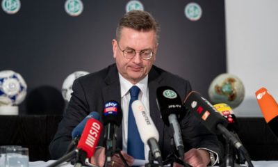 FRANKFURT AM MAIN, GERMANY - APRIL 02: Reinhard Grindel, President of the German Football Association (DFB), speaks to the media during a press conference at DFB Headquarter on April 02, 2019 in Frankfurt am Main, Germany. Grindel has stepped down, effective immediately. This was confirmed by the DFB today after German media reported on financial irregularities. The two vice presidents Rainer Koch and Reinhard Rauball will take over the leadership of the association on an interim basis until the DFB Bundestag in September. (Photo by Alexander Scheuber/Bongarts/Getty Images)