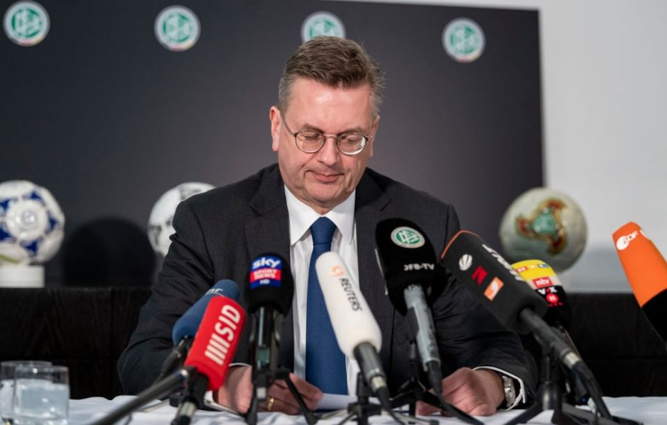 FRANKFURT AM MAIN, GERMANY - APRIL 02: Reinhard Grindel, President of the German Football Association (DFB), speaks to the media during a press conference at DFB Headquarter on April 02, 2019 in Frankfurt am Main, Germany. Grindel has stepped down, effective immediately. This was confirmed by the DFB today after German media reported on financial irregularities. The two vice presidents Rainer Koch and Reinhard Rauball will take over the leadership of the association on an interim basis until the DFB Bundestag in September. (Photo by Alexander Scheuber/Bongarts/Getty Images)