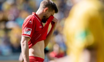 DRESDEN, GERMANY - APRIL 21: Simon Terodde of Koeln reacts during the Second Bundesliga match between SG Dynamo Dresden and 1. FC Koeln at Rudolf-Harbig-Stadion on April 21, 2019 in Dresden, Germany. (Photo by Thomas Eisenhuth/Bongarts/Getty Images)