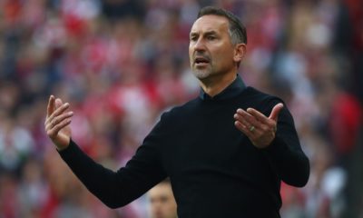 COLOGNE, GERMANY - MAY 12: Head coach Achim Beierlorzer of Regensburg gestures during the Second Bundesliga match between 1. FC Koeln and SSV Jahn Regensburg at RheinEnergieStadion on May 12, 2019 in Cologne, Germany. (Photo by Lars Baron/Bongarts/Getty Images)