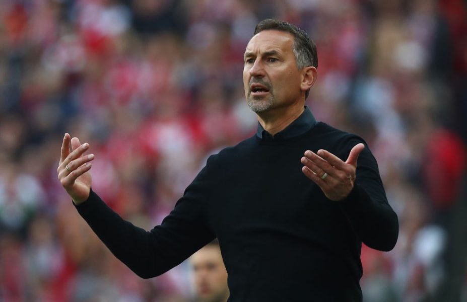 COLOGNE, GERMANY - MAY 12: Head coach Achim Beierlorzer of Regensburg gestures during the Second Bundesliga match between 1. FC Koeln and SSV Jahn Regensburg at RheinEnergieStadion on May 12, 2019 in Cologne, Germany. (Photo by Lars Baron/Bongarts/Getty Images)