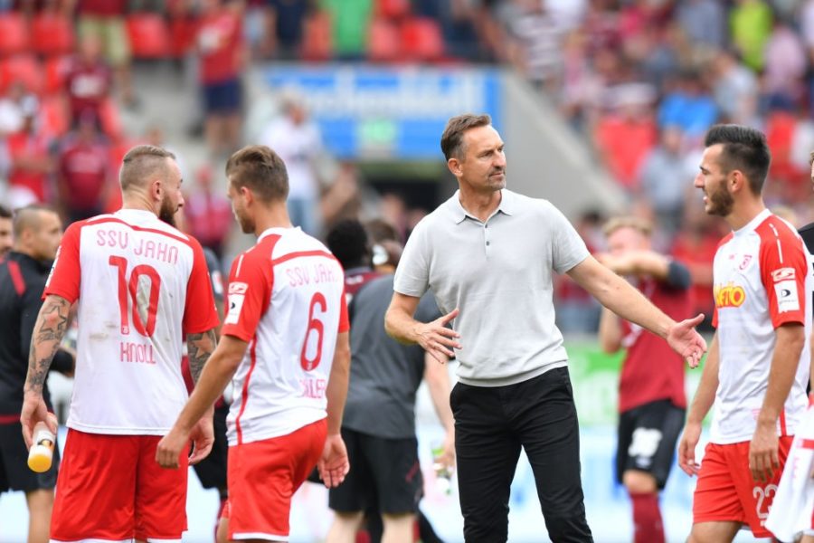 REGENSBURG, GERMANY - AUGUST 06: Head coach Achim Beierlorzer of SSV Jahn Regensburg talks to his players after the Second Bundesliga match between SSV Jahn Regensburg and 1. FC Nuernberg at Continental Arena on August 6, 2017 in Regensburg, Germany. (Photo by Sebastian Widmann/Bongarts/Getty Images)