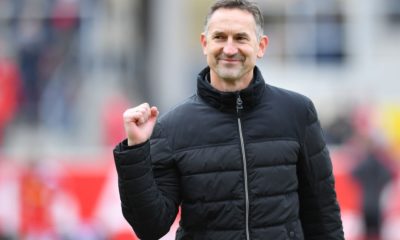 REGENSBURG, GERMANY - FEBRUARY 24: Head coach Achim Beierlorzer of Regensburg smiles prior to the Second Bundesliga match between SSV Jahn Regensburg and Hamburger SV at Continental Arena on February 24, 2019 in Regensburg, Germany. (Photo by Sebastian Widmann/Bongarts/Getty Images)