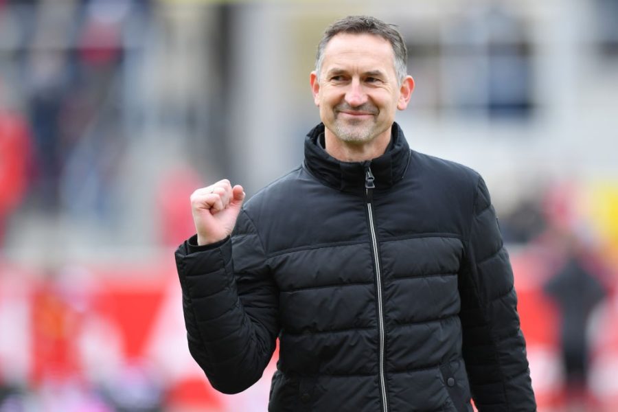 REGENSBURG, GERMANY - FEBRUARY 24: Head coach Achim Beierlorzer of Regensburg smiles prior to the Second Bundesliga match between SSV Jahn Regensburg and Hamburger SV at Continental Arena on February 24, 2019 in Regensburg, Germany. (Photo by Sebastian Widmann/Bongarts/Getty Images)