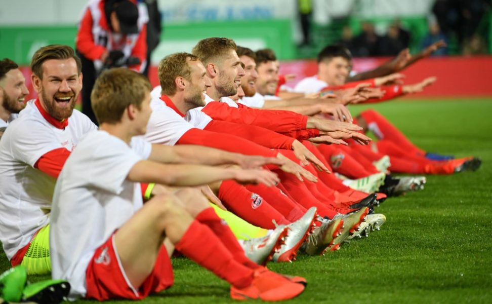 FUERTH, GERMANY - MAY 06: Players of Koeln celebrate after the Second Bundesliga match between SpVgg Greuther Fuerth and 1. FC Koeln at Sportpark Ronhof Thomas Sommer on May 06, 2019 in Fuerth, Germany. (Photo by Sebastian Widmann/Bongarts/Getty Images)