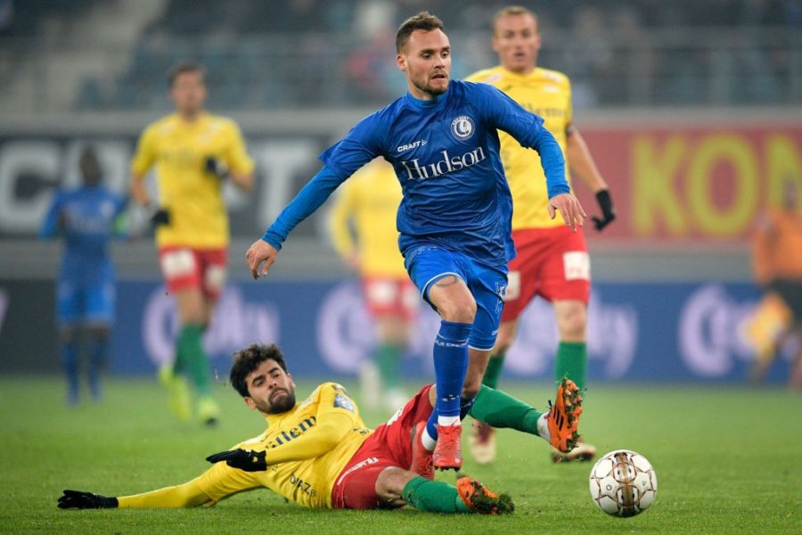 Oostende's Fernando Canesin and Gent's Birger Verstraete fight for the ball during a soccer game between KAA Gent and KV Oostende, Thursday 24 January 2019 in Gent, the first leg of the semi-finals of the 'Croky Cup' Belgian cup. BELGA PHOTO YORICK JANSENS (Photo credit should read YORICK JANSENS/AFP/Getty Images)