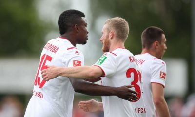 REUTLINGEN, GERMANY - JULY 14: Jhon Cordoba and Florian Kainz of 1.FC Koeln celebrate after scoring his team`s first goal during the pre-season friendly match between SSV Reutlingen v 1. FC Koeln at Stadion an der Kreuzeiche on July 14, 2019 in Reutlingen, Germany. (Photo by Christian Kaspar-Bartke/Bongarts/Getty Images)