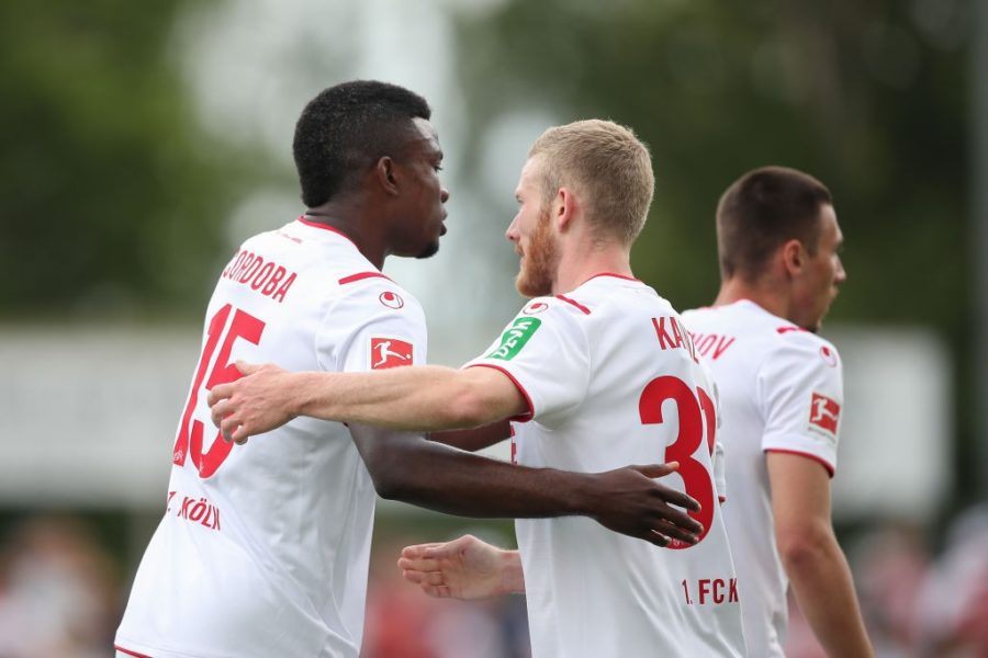 REUTLINGEN, GERMANY - JULY 14: Jhon Cordoba and Florian Kainz of 1.FC Koeln celebrate after scoring his team`s first goal during the pre-season friendly match between SSV Reutlingen v 1. FC Koeln at Stadion an der Kreuzeiche on July 14, 2019 in Reutlingen, Germany. (Photo by Christian Kaspar-Bartke/Bongarts/Getty Images)