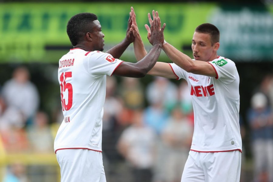 REUTLINGEN, GERMANY - JULY 14: Jhon Cordoba and Darko Churlinov of 1.FC Koeln celebrates after scoring his team`s first goal during the pre-season friendly match between SSV Reutlingen v 1. FC Koeln at Stadion an der Kreuzeiche on July 14, 2019 in Reutlingen, Germany. (Photo by Christian Kaspar-Bartke/Bongarts/Getty Images)