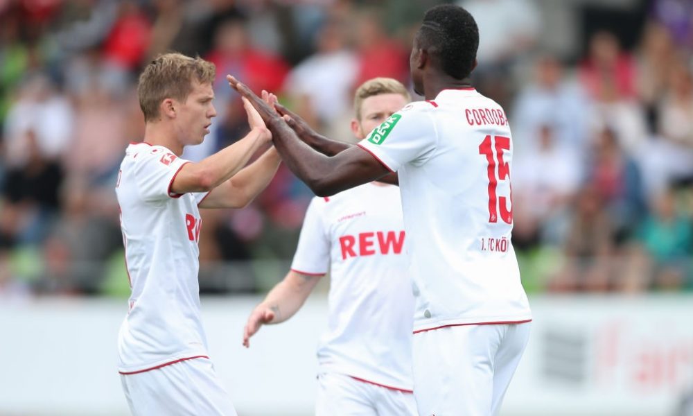 REUTLINGEN, GERMANY - JULY 14: Jhon Cordoba and Vincent Koziello of 1.FC Koeln celebrate after scoring his team`s second goal during the pre-season friendly match between SSV Reutlingen v 1. FC Koeln at Stadion an der Kreuzeiche on July 14, 2019 in Reutlingen, Germany. (Photo by Christian Kaspar-Bartke/Bongarts/Getty Images)