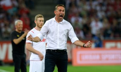 Cologne's German coach Achim Beierlorzer reacts during the German first division Bundesliga football match 1 FC Cologne v BVB Borussia Dortmund in Cologne, western Germany on August 23, 2019. (Photo by UWE KRAFT / AFP) / RESTRICTIONS: DFL REGULATIONS PROHIBIT ANY USE OF PHOTOGRAPHS AS IMAGE SEQUENCES AND/OR QUASI-VIDEO (Photo credit should read UWE KRAFT/AFP/Getty Images)