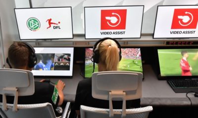 Bundesliga Referee Bibiana Steinhaus (R) and referee Thorben Siewer (L) sit at the Video Assist Center (VAC) during the Media Workshop "Video Assistant" at the Cologne Broadcasting Center in Cologne, western Germany, on August 05, 2019. (Photo by INA FASSBENDER / AFP) (Photo credit should read INA FASSBENDER/AFP/Getty Images)