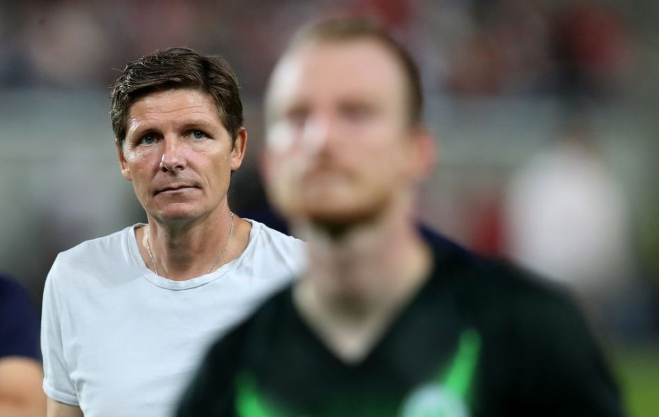 HALLE, GERMANY - AUGUST 12: Head coach Oliver Glasner of Wolfsburg looks on after the DFB Cup first round match between Hallescher FC and VfL Wolfsburg at Erdgas-Sportpark on August 12, 2019 in Halle, Germany. (Photo by Ronny Hartmann/Bongarts/Getty Images)