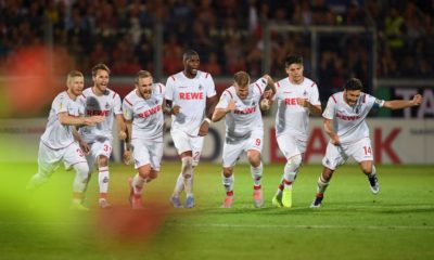 WIESBADEN, GERMANY - AUGUST 11: The players of Koeln celebrate after winning the penalty shoot-out during the DFB Cup first round match between SV Wehen Wiesbaden and 1. FC Koeln at BRITA-Arena on August 11, 2019 in Wiesbaden, Germany. (Photo by Matthias Hangst/Bongarts/Getty Images)