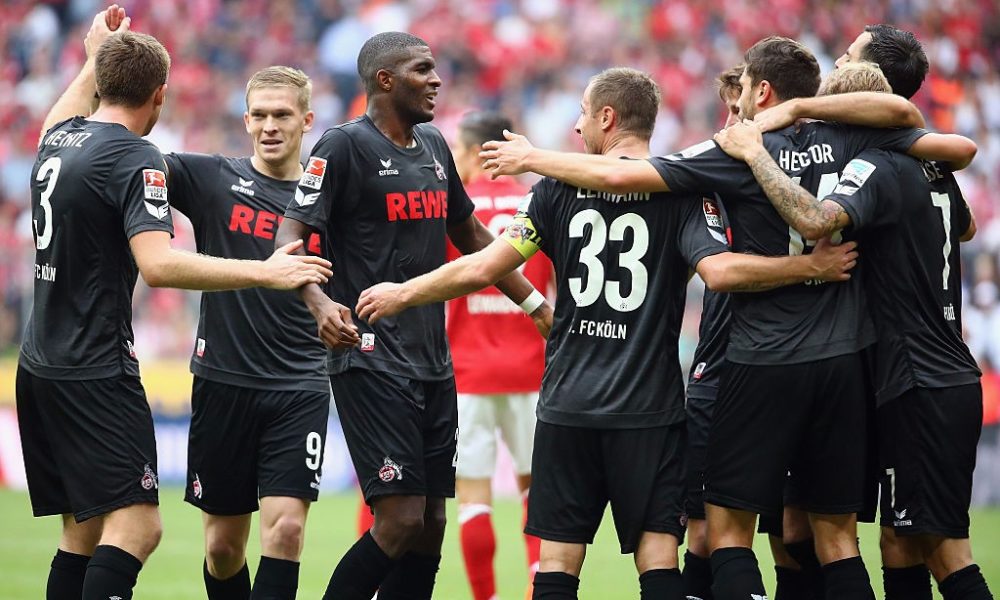 MUNICH, GERMANY - OCTOBER 01: Anthony Modeste (3L) of Koeln and team mates celebrate after the Bundesliga match between Bayern Muenchen and 1. FC Koeln at Allianz Arena on October 1, 2016 in Munich, Germany. (Photo by Alex Grimm/Bongarts/Getty Images)