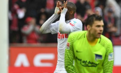 Cologne's French striker Anthony Modeste (L) celebarte after a goal during the German First division Bundesliga football match of FC Cologne vs Hertha Berlin in Cologne, on March 18, 2017. / AFP PHOTO / PATRIK STOLLARZ / RESTRICTIONS: DURING MATCH TIME: DFL RULES TO LIMIT THE ONLINE USAGE TO 15 PICTURES PER MATCH AND FORBID IMAGE SEQUENCES TO SIMULATE VIDEO. == RESTRICTED TO EDITORIAL USE == FOR FURTHER QUERIES PLEASE CONTACT DFL DIRECTLY AT + 49 69 650050 (Photo credit should read PATRIK STOLLARZ/AFP/Getty Images)