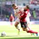 FREIBURG IM BREISGAU, GERMANY - AUGUST 31: Brandon Borrello of Sport-Club Freiburg is challenged by Louis Schaub of 1. FC Koln during the Bundesliga match between Sport-Club Freiburg and 1. FC Koeln at Schwarzwald-Stadion on August 31, 2019 in Freiburg im Breisgau, Germany. (Photo by Simon Hofmann/Bongarts/Getty Images)