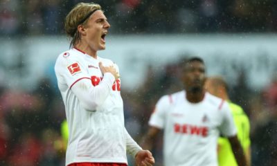 COLOGNE, GERMANY - OCTOBER 20: Sebastiaan Bornauw of FC Koln celebrates scoring his teams third goal of the game during the Bundesliga match between 1. FC Koeln and SC Paderborn 07 at RheinEnergieStadion on October 20, 2019 in Cologne, Germany. (Photo by Dean Mouhtaropoulos/Bongarts/Getty Images)