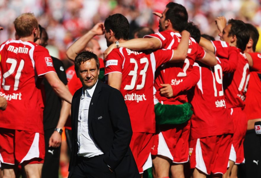 STUTTGART, GERMANY - MAY 19: Manager Horst Heldt of Stuttgart looks on after winning the german championship after the Bundesliga match between VFB Stuttgart and Energie Cottbus at the Gottlieb Daimler stadium on May 19, 2007 in Stuttgart, Germany. (Photo by Lars Baron/Bongarts/Getty Images)