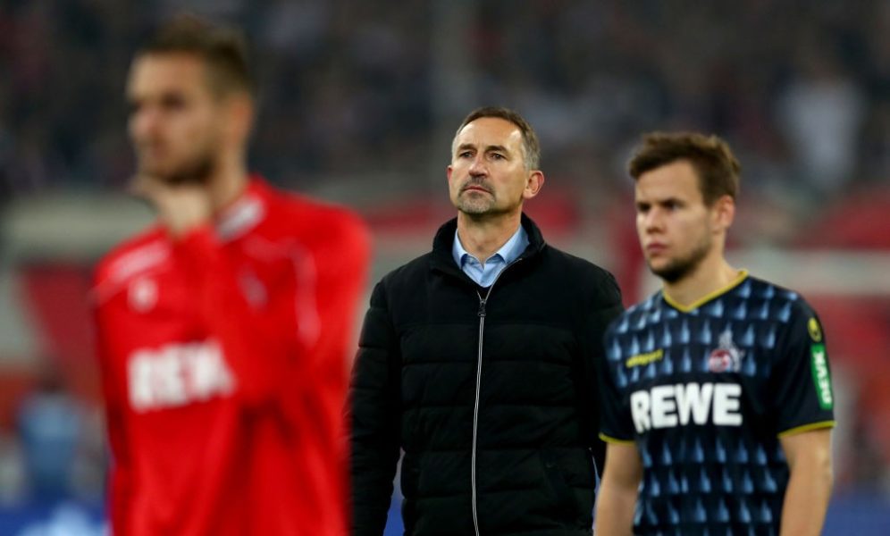 DUESSELDORF, GERMANY - NOVEMBER 03: Head coach Achim Beierlorzer of Koeln looks dejected after loosing the Bundesliga match between Fortuna Duesseldorf and 1. FC Koeln at Merkur Spiel-Arena on November 03, 2019 in Duesseldorf, Germany. (Photo by Lars Baron/Bongarts/Getty Images)