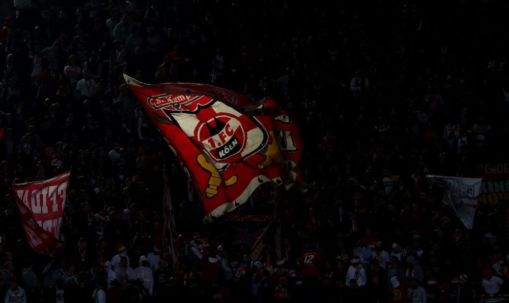 DUESSELDORF, GERMANY - NOVEMBER 03: Fans of Koeln are seen prior to the Bundesliga match between Fortuna Duesseldorf and 1. FC Koeln at Merkur Spiel-Arena on November 03, 2019 in Duesseldorf, Germany. (Photo by Lars Baron/Bongarts/Getty Images)