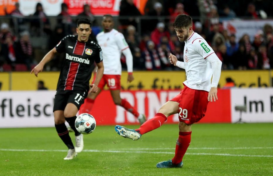 COLOGNE, GERMANY - DECEMBER 14: Jan Thielmann of Koeln shoots on goal during the Bundesliga match between 1. FC Koeln and Bayer 04 Leverkusen at RheinEnergieStadion on December 14, 2019 in Cologne, Germany. (Photo by Lars Baron/Bongarts/Getty Images)