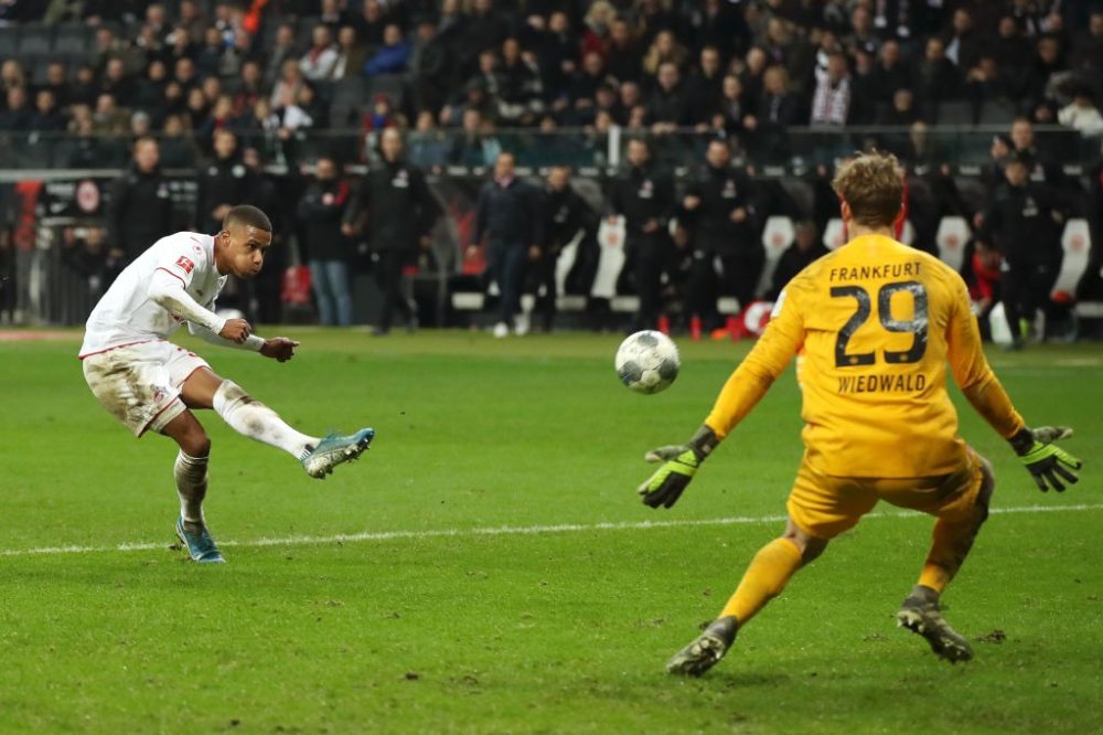 FRANKFURT AM MAIN, GERMANY - DECEMBER 18: Ismael Jakobs of 1. FC Koeln scores his team's fourth goal during the Bundesliga match between Eintracht Frankfurt and 1. FC Koeln at Commerzbank-Arena on December 18, 2019 in Frankfurt am Main, Germany. (Photo by Alexander Hassenstein/Bongarts/Getty Images)