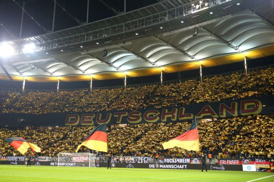 FRANKFURT AM MAIN, GERMANY - NOVEMBER 19: Germany fans create a tiffo display prior to the UEFA Euro 2020 Qualifier between Germany and Northern Ireland at Commerzbank Arena on November 19, 2019 in Frankfurt am Main, Germany. (Photo by Maja Hitij/Bongarts/Getty Images)