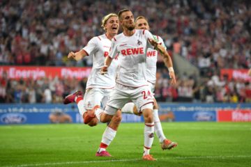 COLOGNE, GERMANY - AUGUST 23: Dominick Drexler of 1. FC Koeln celebrates scoring his side's first goal during the Bundesliga match between 1. FC Koeln and Borussia Dortmund at RheinEnergieStadion on August 23, 2019 in Cologne, Germany. (Photo by Matthias Hangst/Bongarts/Getty Images)