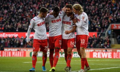 COLOGNE, GERMANY - JANUARY 18: L-R Jan Thielmann, Jhon Cordoba, Jonas Hector and Sebastian Bornauw of Cologne celebrate after their teams third goal during the Bundesliga match between 1. FC Koeln and VfL Wolfsburg at RheinEnergieStadion on January 18, 2020 in Cologne, Germany. (Photo by Jörg Schüler/Bongarts/Getty Images)