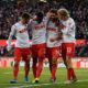 COLOGNE, GERMANY - JANUARY 18: L-R Jan Thielmann, Jhon Cordoba, Jonas Hector and Sebastian Bornauw of Cologne celebrate after their teams third goal during the Bundesliga match between 1. FC Koeln and VfL Wolfsburg at RheinEnergieStadion on January 18, 2020 in Cologne, Germany. (Photo by Jörg Schüler/Bongarts/Getty Images)