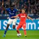 Schalke's German midfielder Suat Serdar (L) and Cologne's Austrian midfielder Louis Schaub vie for the ball during the German first division Bundesliga football match FC Schalke 04 vs FC Cologne in Gelsenkirchen, western Germany, on October 5, 2019. (Photo by INA FASSBENDER / AFP) / DFL REGULATIONS PROHIBIT ANY USE OF PHOTOGRAPHS AS IMAGE SEQUENCES AND/OR QUASI-VIDEO (Photo by INA FASSBENDER/AFP via Getty Images)