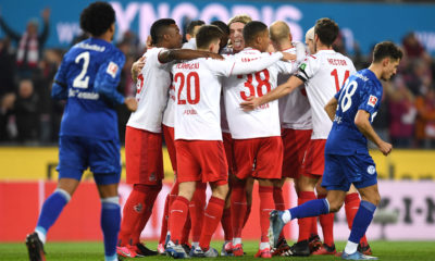 COLOGNE, GERMANY - FEBRUARY 29: Sebastiaan Bornauw of 1. FC Koeln celebrates with teammates after scoring his team's first goal during the Bundesliga match between 1. FC Koeln and FC Schalke 04 at RheinEnergieStadion on February 29, 2020 in Cologne, Germany. (Photo by Jörg Schüler/Bongarts/Getty Images)