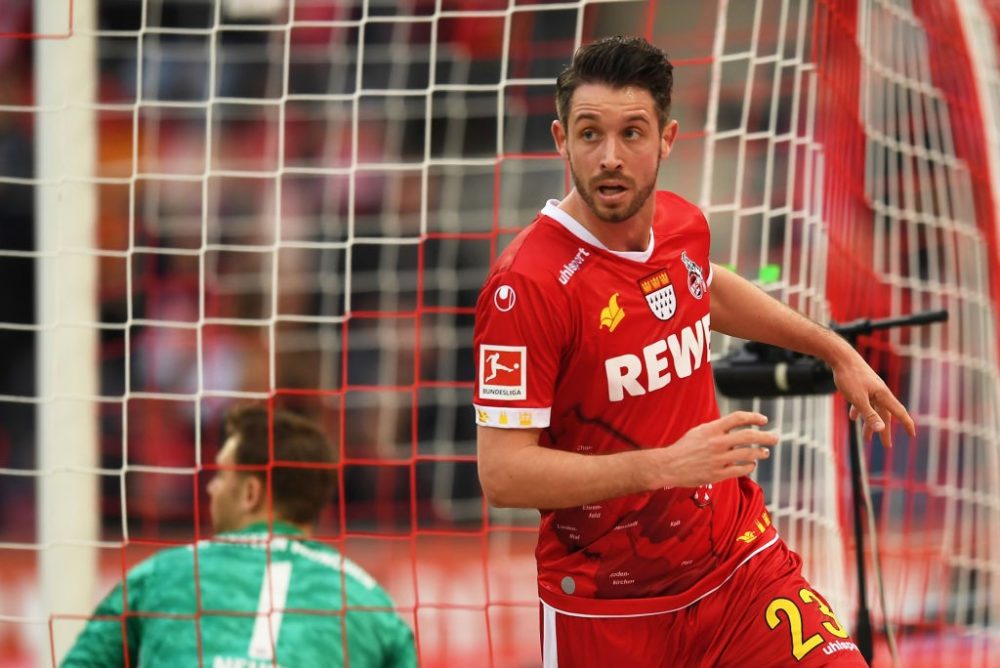 COLOGNE, GERMANY - FEBRUARY 16: Mark Uth of FC Koln celebrates after scoring his sides first goal during the Bundesliga match between 1. FC Koeln and FC Bayern Muenchen at RheinEnergieStadion on February 16, 2020 in Cologne, Germany. (Photo by Jörg Schüler/Bongarts/Getty Images)