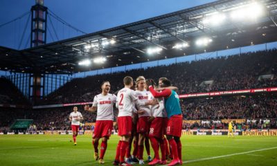 COLOGNE, GERMANY - FEBRUARY 02: Ismail Jakobs of FC Koln celebrates with his teammates after scoring his sides fourth goal during the Bundesliga match between 1. FC Koeln and Sport-Club Freiburg at RheinEnergieStadion on February 02, 2020 in Cologne, Germany. (Photo by Lars Baron/Bongarts/Getty Images)