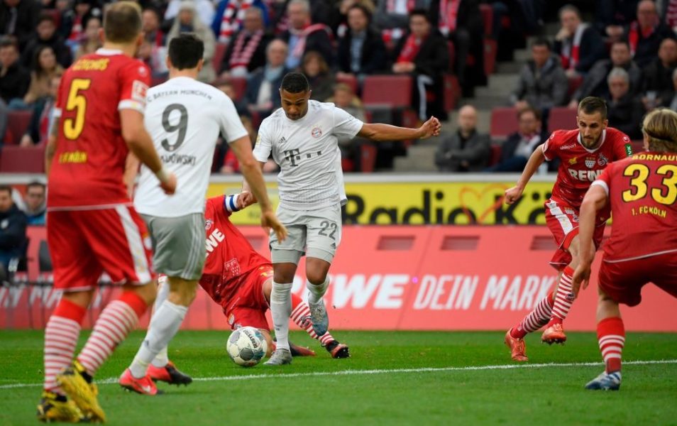 Bayern Munich's German midfielder Serge Gnabry (C) scores th 0-4 goal during the German first division Bundesliga football match 1 FC Cologne v FC Bayern Munich in Cologne, western Germany on February 16, 2020. (Photo by INA FASSBENDER / AFP) / RESTRICTIONS: DFL REGULATIONS PROHIBIT ANY USE OF PHOTOGRAPHS AS IMAGE SEQUENCES AND/OR QUASI-VIDEO (Photo by INA