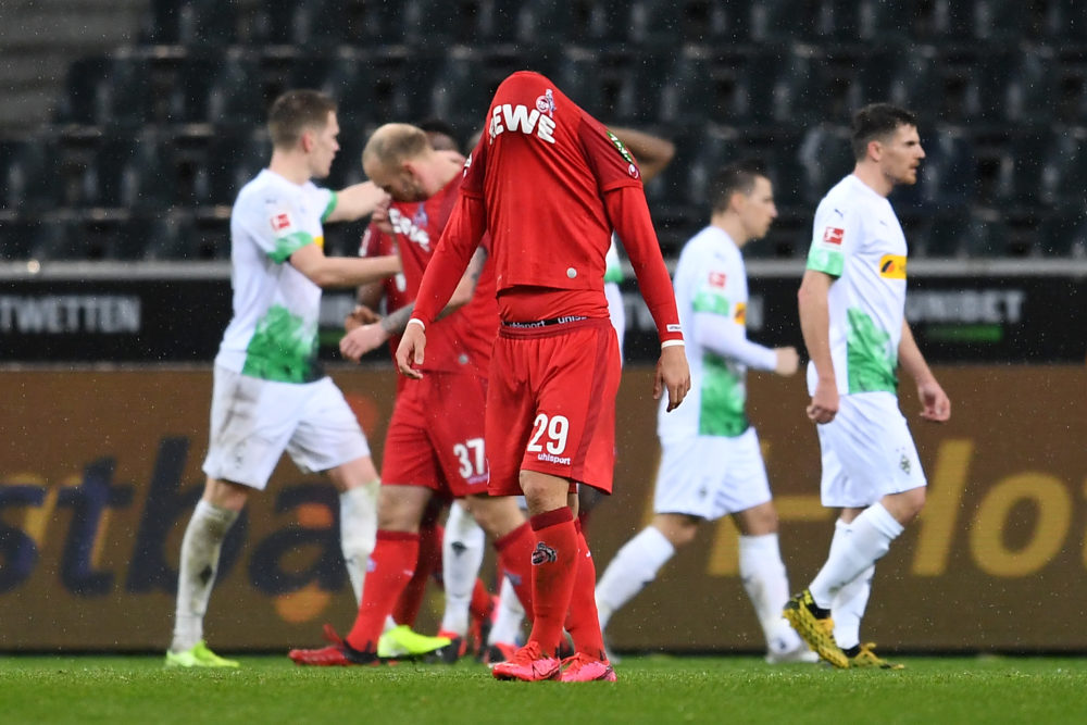 MOENCHENGLADBACH, GERMANY - MARCH 11: Jan Thielmann of 1. FC Koeln reacts to defeat after the Bundesliga match between Borussia Moenchengladbach and 1. FC Koeln at Borussia-Park on March 11, 2020 in Moenchengladbach, Germany. For the first time in the history of the German Bundesliga the match is played behind closed doors as a precaution against the spread of COVID-19 (Coronavirus). (Photo by Jörg Schüler/Bongarts/Getty Images)