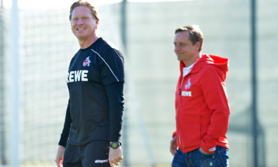 BENIDORM, SPAIN - JANUARY 08: (BILD ZEITUNG OUT) head coach Markus Gisdol of 1. FC Koeln and CEO Sport Horst Heldt of 1. FC Koeln laughs during the 1. FC Koeln winter training camp on January 8, 2020 in Benidorm, Spain. (Photo by TF-Images/Getty Images)