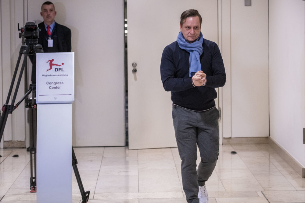 FRANKFURT AM MAIN, GERMANY - MARCH 16: Manager Horst Held of 1. FC Cologne leave the general assembly of the German Football League (DFL) on March 16, 2020 in Frankfurt am Main, Germany. Members of the executive committee of the DFL and clubs of the Bundesliga and Second Bundesliga meet to discuss the postponement of all matches until April 2, 2020 and it's consequences due to the ongoing spread of Covid-19 (Coronavirus). (Photo by Thomas Lohnes/Getty Images)