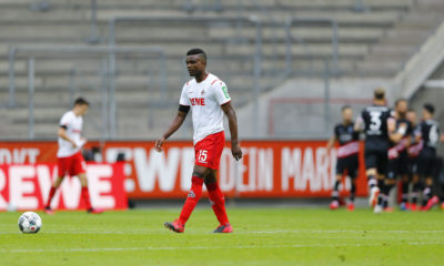 COLOGNE, GERMANY - MAY 24: Jhon Cordoba of FC Cologne reacts after Fortuna Dusseldorf's Kenan Karaman scores his teams first goal during the Bundesliga match between 1. FC Koeln and Fortuna Duesseldorf at RheinEnergieStadion on May 24, 2020 in Cologne, Germany. (Photo by Pool/Thilo Schmuelgen/Pool via Getty Images)