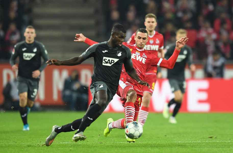 COLOGNE, GERMANY - NOVEMBER 08: Ihlas Bebou of TSG 1899 Hoffenheim is challenged by Ellyes Skhiri of 1. FC Koeln during the Bundesliga match between 1. FC Koeln and TSG 1899 Hoffenheim at RheinEnergieStadion on November 08, 2019 in Cologne, Germany. (Photo by Jörg Schüler/Bongarts/Getty Images)