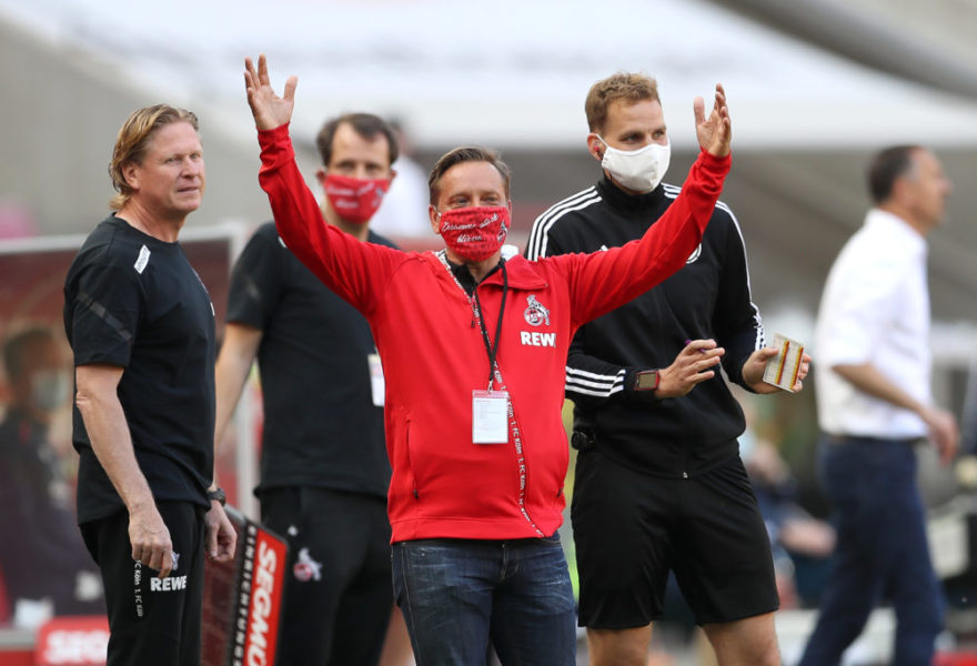 COLOGNE, GERMANY - MAY 17: Horst Heldt, Managing Director Sport of 1. FC Koeln gestures during the Bundesliga match between 1. FC Koeln and 1. FSV Mainz 05 at RheinEnergieStadion on May 17, 2020 in Cologne, Germany. The Bundesliga and Second Bundesliga is the first professional league to resume the season after the nationwide lockdown due to the ongoing Coronavirus (COVID-19) pandemic. All matches until the end of the season will be played behind closed doors. (Photo by Lars Baron/Getty Images)