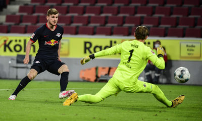 COLOGNE, GERMANY - JUNE 01: Timo Werner of Leipzig scores his sides third goal during the Bundesliga match between 1. FC Koeln and RB Leipzig at RheinEnergieStadion on June 1, 2020 in Cologne, Germany. (Photo by Ina Fassbender/Pool via Getty Images)
