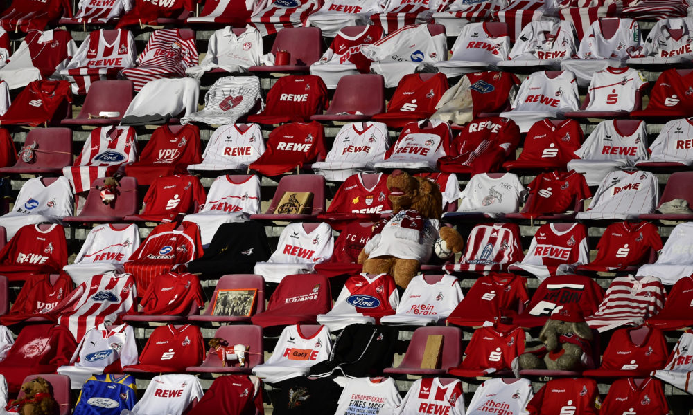 COLOGNE, GERMANY - JUNE 01: Shirts of Cologne's supporters are placed on the seats prior to the Bundesliga match between 1. FC Koeln and RB Leipzig at RheinEnergieStadion on June 1, 2020 in Cologne, Germany. (Photo by Ina Fassbender/Pool via Getty Images)