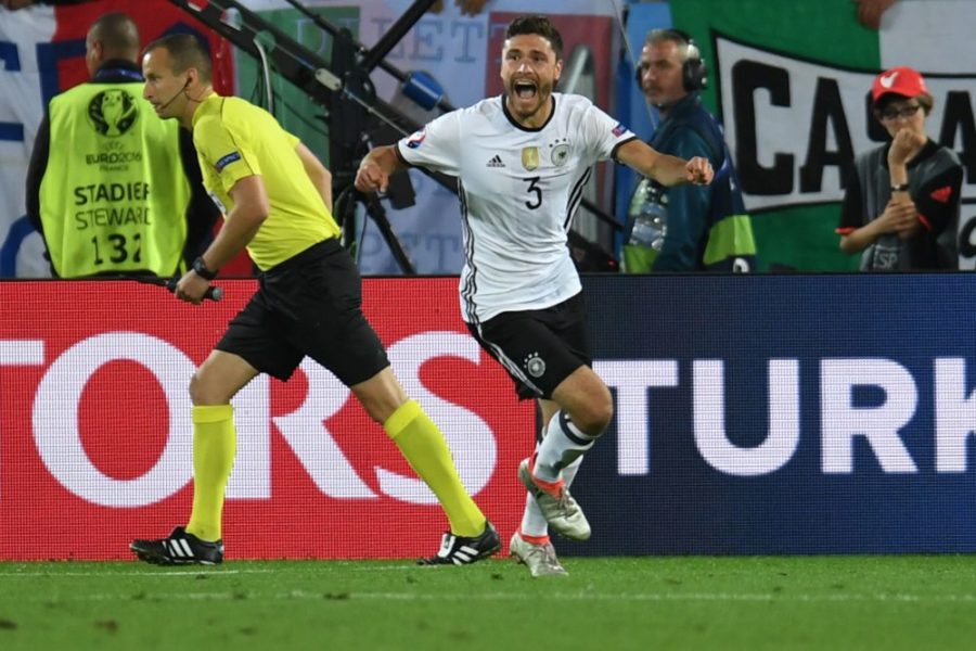 Germany's defender Jonas Hector celebrates after scoring a penalty kick during the Euro 2016 quarter-final football match between Germany and Italy at the Matmut Atlantique stadium in Bordeaux on July 2, 2016. / AFP / PATRIK STOLLARZ (Photo credit should read PATRIK STOLLARZ/AFP via Getty Images)